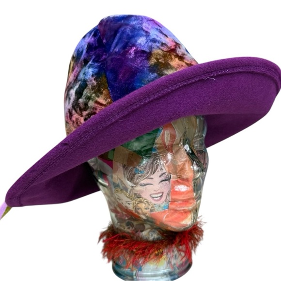 Vintage Gypsy Wizard Purple Wide Brim Hat Crushed Velvet Crown Ribbon Union Made - Picture 1 of 12